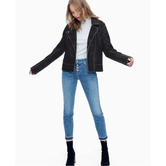 Splendid Faux Suede French Terry Moto Jacket Black White Raw Hem Sz L - Picture 1 of 11